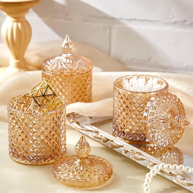 Aoriher 4 Pcs Crystal Glass Candy Jar Set with Lids Home Decorative Storage Jars for Apothecary, Bathroom, Kitchen, and Pantry, Ideal for Cotton Swabs and Jewelry(Medium,Amber)