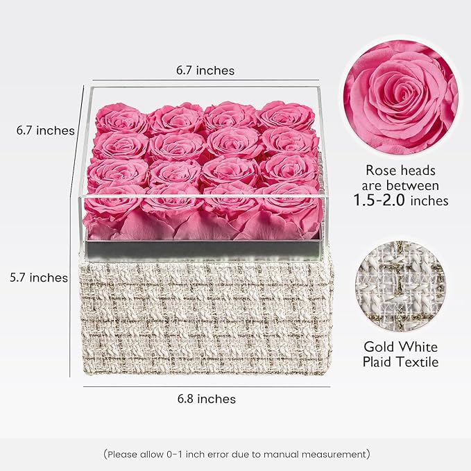 Eterfield Forever Flowers Preserved Roses Real Roses that Last Over a Year Rose Box Gifts for Her Mothers Day Valentines Day Christmas (Square Gold White Plaid Box, 16 Pink Roses)