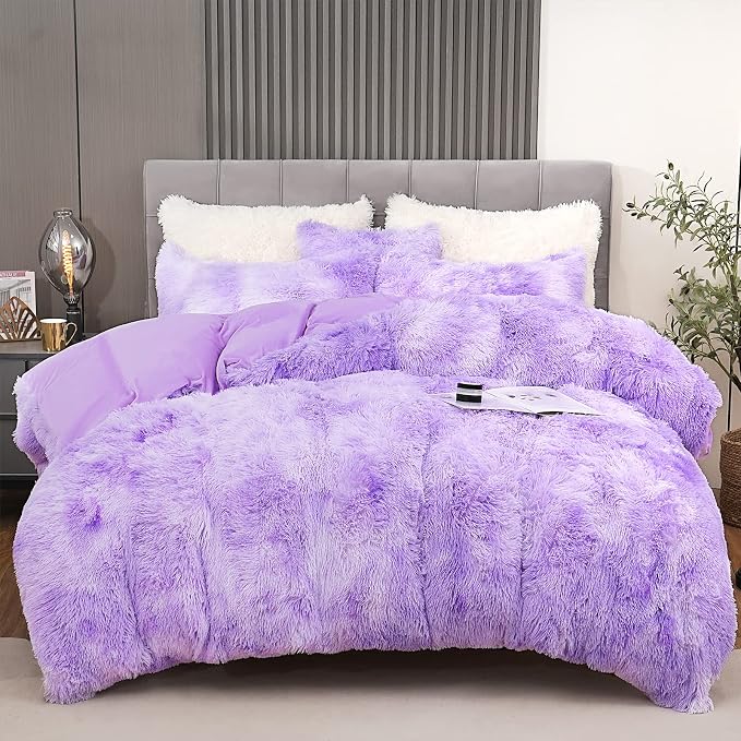 Fluffy Plush Purple Duvet Cover Set Queen Size, Luxury Soft Velvet Fuzzy Comforter Cover Bed Sets 4Pcs(1 Faux Fur Duvet Cover + 2 Pillow Cases + 1 Pillow Cover) Zipper Closure (Queen, Purple)