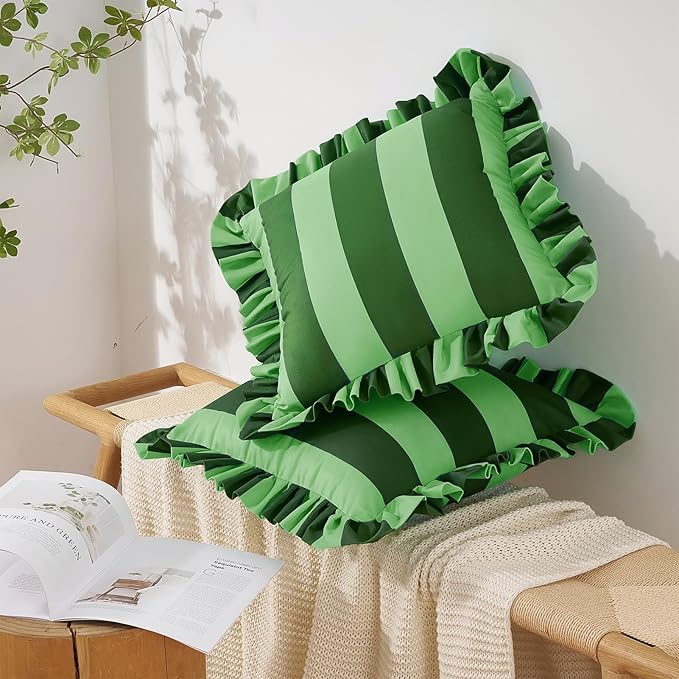 MONDAY MOOSE Decorative Throw Pillow Covers, Set of 2 Water-Resistant Striped Design with Ruffle Edge for Outdoor/Indoor Use, Pillow Inserts Not Included (22x22 inch, Green/Light Green)