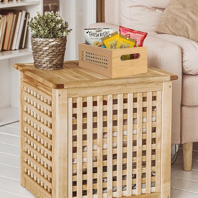 Wooden Storage Basket Set of 4 Handmade Rattan Drawer Storage Box with Frame & Handles Decorative Natural Bamboo Woven Bins Rustic Farmhouse Decor Home Office Tabletop Shelf Organizer, Natural
