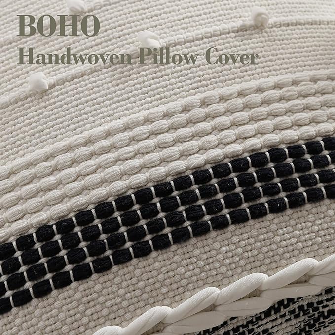 DEZENE Boho Lumbar Pillow Cover 12x20 Navy Blue - Handmade Woven Textured Throw Pillow Case with Cordings & Tassels, Decorative Accent for Couch Sofa Bed Farmhouse Living Room Bedroom Home Decor
