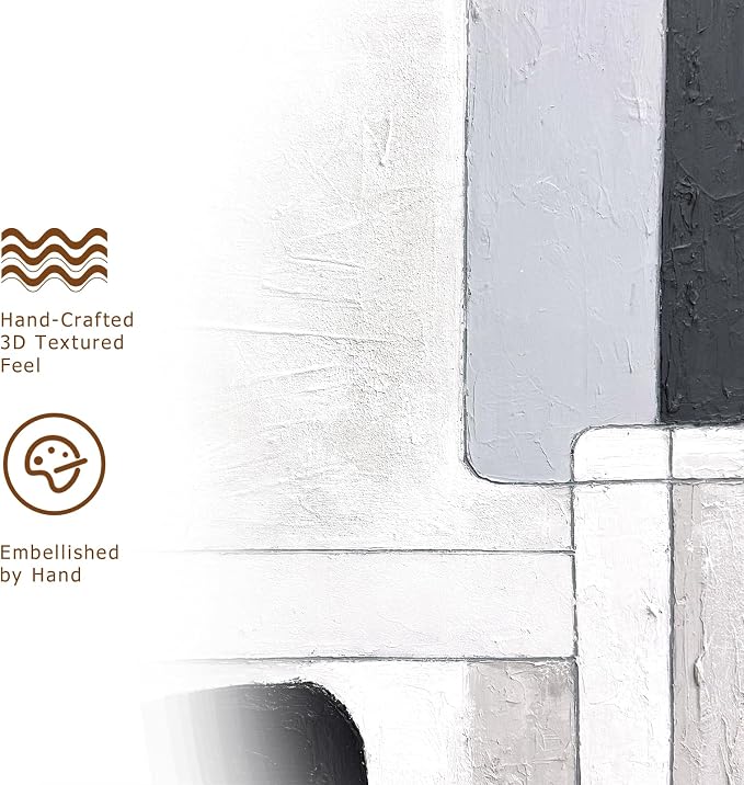 SAFERRYHOME Abstract Textured Hand Painted Wall Art, Large 3D Texture Minimalist Framed Canvas Wall Decor, Modern White Black Painting Geometric Artwork for Home Office Living Room, 24"x36"x2