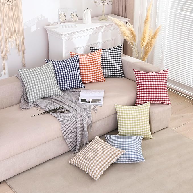 CARRIE HOME Brown Gingham Checkered Throw Pillow Covers 18x18 Set of 2, Neutral Modern Farmhouse Dark Brown Khaki Outdoor Pillows 18 x 18 for Porch Patio Furniture (No Pillow Inserts)