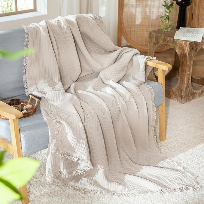 MooMee Muslin Blanket - 100% Cotton 4-Layer Gauze Throw Blanket with All-Around Fringe, Soft Breathable Lightweight Cooling Summer Blankets for Bed Couch (Cream Grey,King 104" x 90")