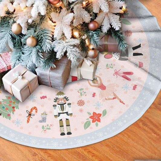 48" Large Christmas Tree Skirt, Cute Nutcracker Candy Pattern Tree Mat Base Cover for Xmas Festive Holiday Party Decoration Ornaments