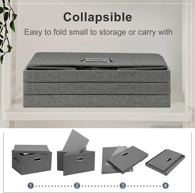 Graciadeco Medium 15" 21 Quart Collapsible Stackable Storage Bins with Lids, 3 Packs Grey Foldable Fabric Closet Boxes Heavy-duty Linen Cube Baskets Container for Bedroom Office (15 x 11 x 8)
