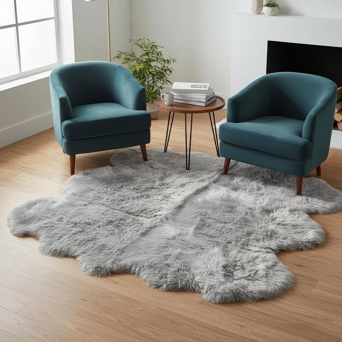 Super Area Rugs Premium Genuine Sheepskin Rug 5' x 6' Long Fur Soft & Natural Shaggy Living Room Rug, Silver Gray, Six Pelt