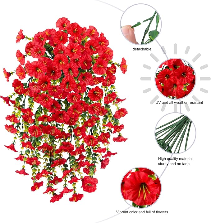 Ivydale 2 PCS Artificial Hanging Flowers Fake Plants Outdoor,Silk Morning Glory Faux Flowers with Eucalyptus Leaves,UV Resistant Realistic Hanging Petunias Plants for Home Garden Decor (Red)