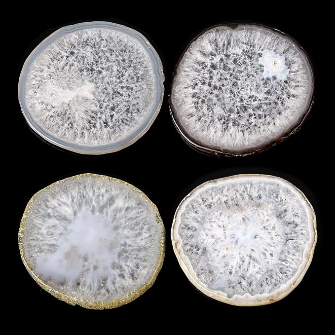 Natural Geode Agate Coaster for Drinks Set of 4 | Natural Stone Coasters 3.5-4", Decorative Gemstone Coasters for Coffee Table, Bar or Desk, Housewarming Gift for Friends
