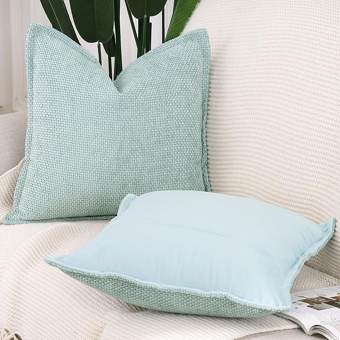 MADIZZ Decorative Chenille Velvet Throw Pillow Covers Set of 2 Soft Boho Textured Neutral Couch Throw Pillow for Bed Modern Farmhouse Home Decor for Sofa Livingroom Aqua Green 20x20 Inch