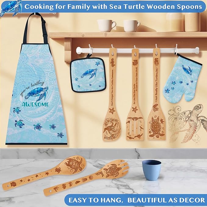 Sea Turtle Gifts for Women,8PCS Coastal Bamboo Cooking Utensil Spoon with Apron Oven Mitt Potholder for Kitchen Decor,Ocean Themed Stuff for Turtle Lovers,Mom,Easter,Housewarming,Birthday Gifts