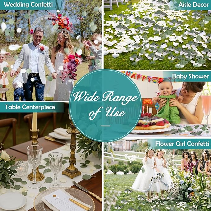 Eslibin Real White Rose Petals & Natural Eucalyptus Leaves 2.12oz, Freeze Dried Flower Petals Confetti for Wedding Flower Girl, Aisle Table Centerpieces Garden Cake Bridal Shower Decor