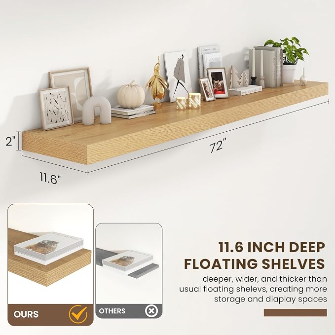 FLYJOE 72 Inch Floating Shelves | 12 Inch Deep Oak Floating Shelves Set of 2 | 72" W x 12" D Rustic Oak Wall Shelves for Bathroom Living Room Kitchen Laundry Room