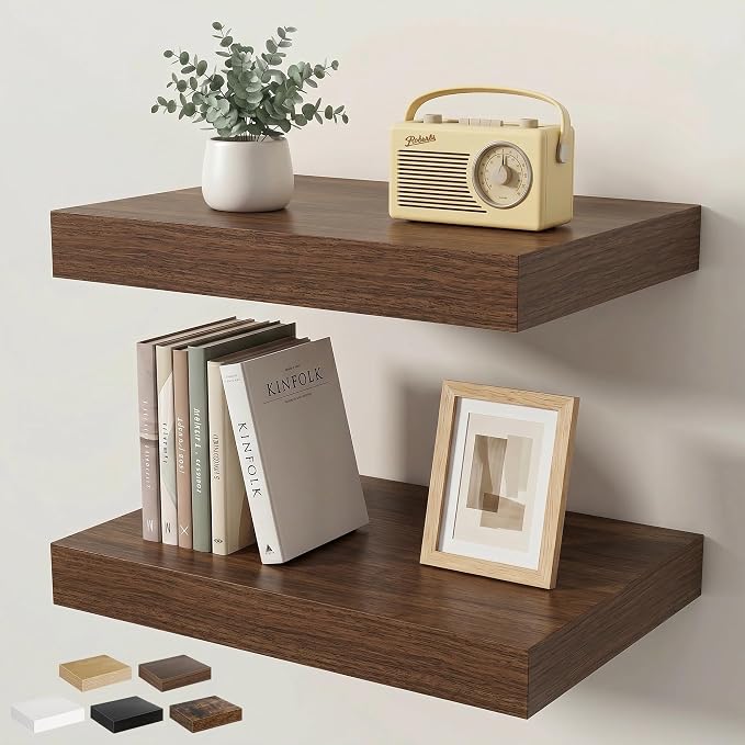 Floating Shelves for Wall 16 in x 9.3 in Deep, Wall Mounted Rustic Wood Shelf with Invisible Brackets for Storage & Display, Living Room Bedroom Bathroom, Walnut, 2 Pack