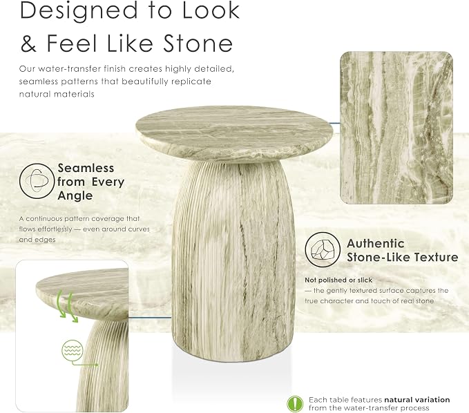 24/7 Shop at Home Ranera Modern 17-inch Natural Stone Side Table with Round Pedestal Base, Marble Nightstand, Fluted Patio End Table, for Living Room, Covered Outdoor Spaces, Balcony, Green Travertine