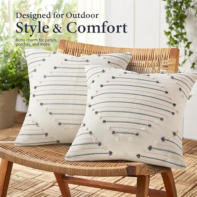 Mecatny Boho Outdoor Throw Pillow Covers 12X20 Set of 2, Farmhouse Lumbar Pillow Covers for Couch Sofa Living Room, Beige & Grey