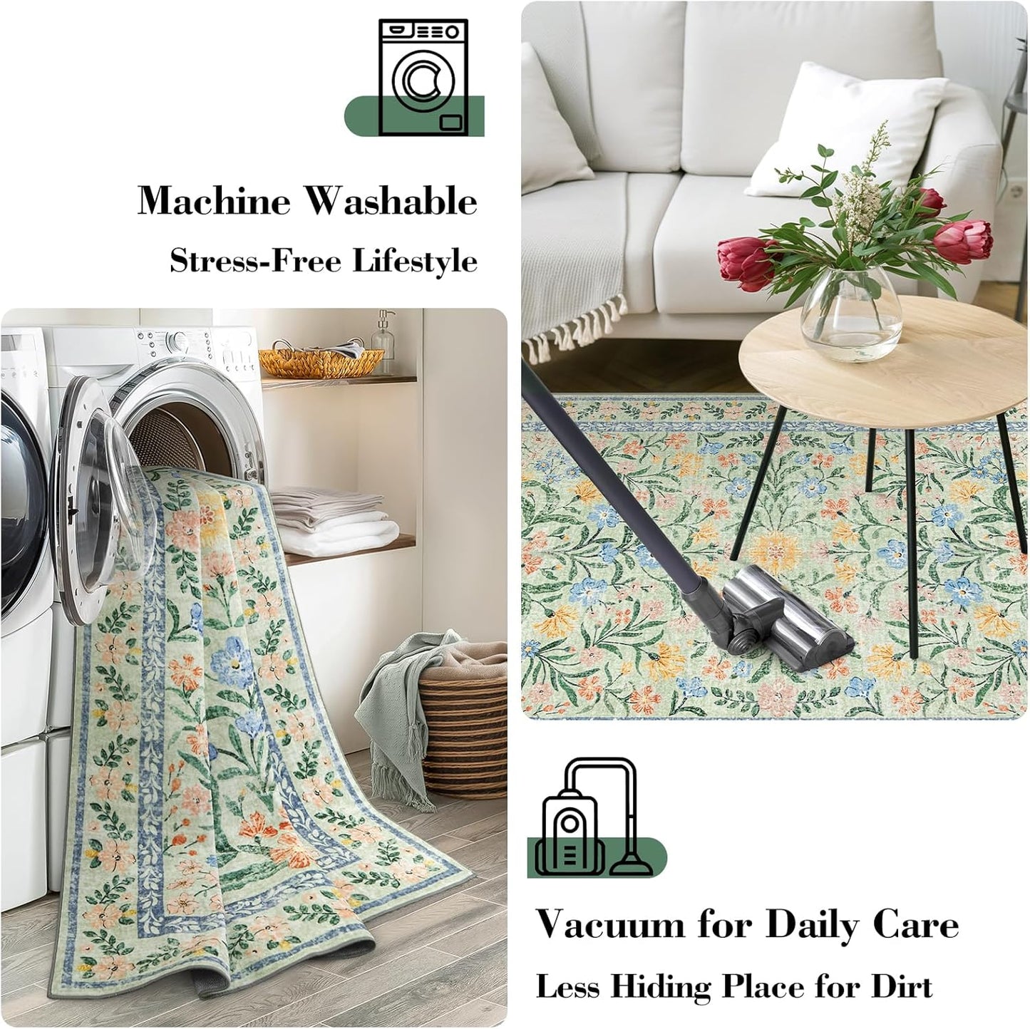 Wonnitar Machine Washable 5x7 Area Rug, Boho Floral Rugs for Living Room Non-Slip, Soft Pink and Green Flower Ultra-Thin Non Shedding Carpet for Bedroom Dining Room Nursery