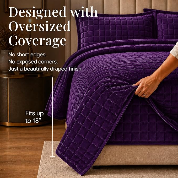 Tribeca Living Luxury Velvet Quilt Queen Size Set - 260GSM Ultra-Soft Oversized Velvet Bedspread Comforter Set with 2 Shams, in Florence Purple
