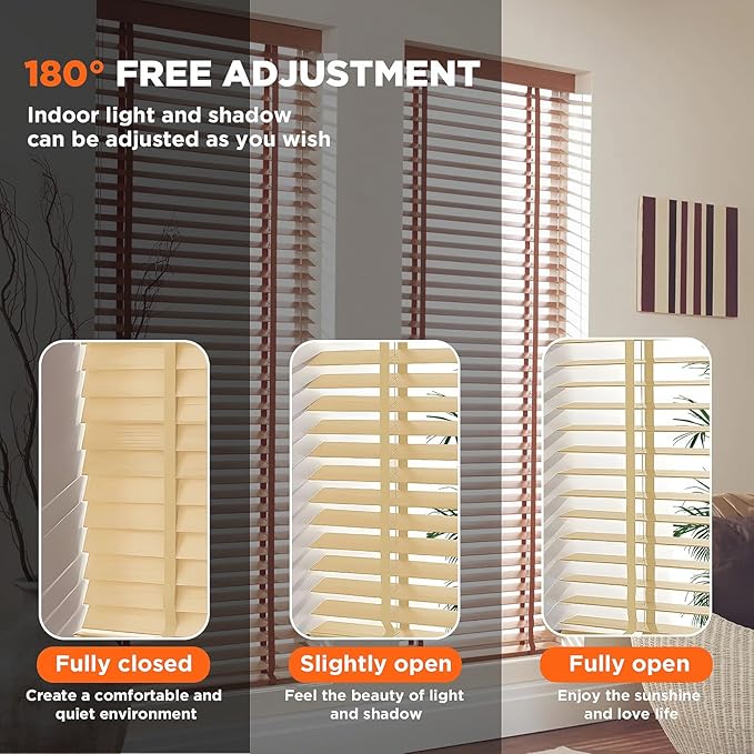 2" Slats Wood Blinds for Indoor Windows: Solid Wooden Blackout Blinds & Shades,Black Out Privacy Horizontal Blinds for Home Bedroom Bathroom Living Room Windows and Doors 34.5" WX72 H Beige