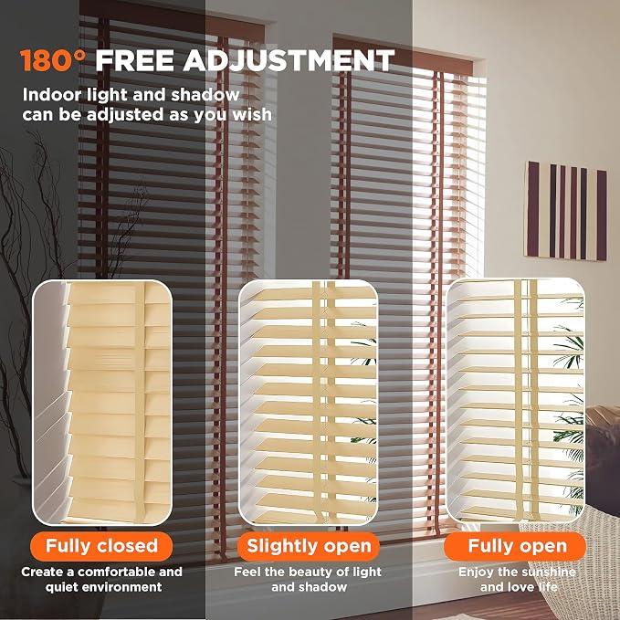 2" Slats Wood Blinds for Indoor Windows: Solid Wooden Blackout Blinds & Shades,Black Out Privacy Horizontal Blinds for Home Bedroom Bathroom Living Room Windows and Doors 27.5" WX64 H Beige