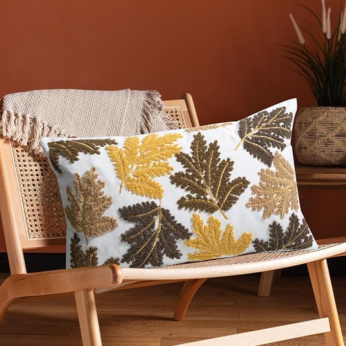 Set of 2 Embroidered Decorative Throw Pillow Covers Couch Square Pillowcases Cushion for Bedroom Sofa Farmhouse Decor 18x18 Inch (Yellow Maple Leaf-Lumbar)