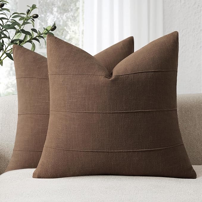 ZWJD Decorative Linen Throw Pillow Covers 22x2 Set of 22 Solid Handcrafted Striped Cushion Covers for Bed Soft Modern Farmhouse Neutral Pillowcase for Couch Bedroom Living Room Home Decor(Brown)