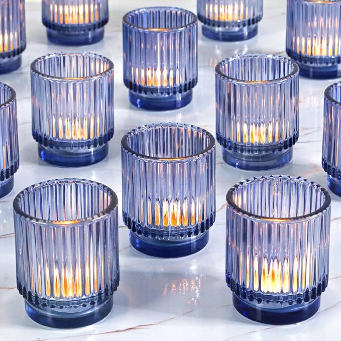 Vintage Ribbed Blue Glass Tealight & Votive Candle Holders (Set of 12), Wedding Bridal Shower Party Table Decor, Fall Decor, Boho Decor, Shelf Decoration
