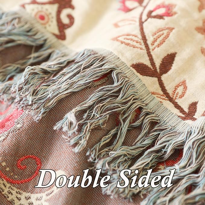 Snycler Boho Throw Blanket for Bed - 100% Cotton Ultra Soft Rustic Quilt - Pink Boho Floral Printed Farmhouse Decor Bed Blankets, 91"x98" All Season Rustic Throw for Sofa Couch Chair