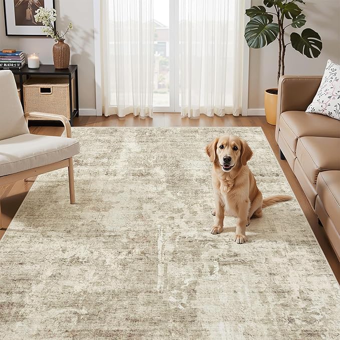 Soalmost 4x6 Area Rugs for Living Room, Vintage Washable Rugs for Dining Room, Bedroom, Home Office Decor, Non-Slip Beige/Gray Carpet Thin Rug