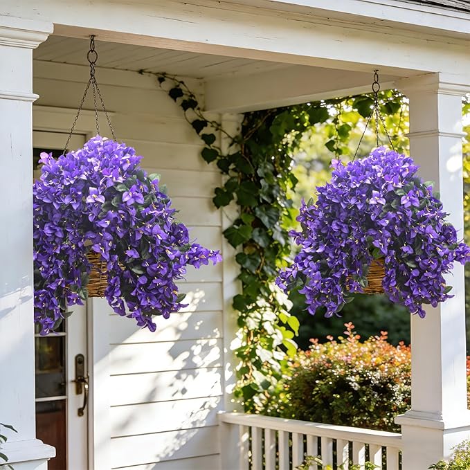 Grunyia 4 Pack Artificial Bougainvillea Hanging Basket Flowers – UV Resistant Fake Flowers with Silk Petals, Realistic Trailing Plants for Outdoor Indoor Wall Garden Home Wedding Decor (Purple)