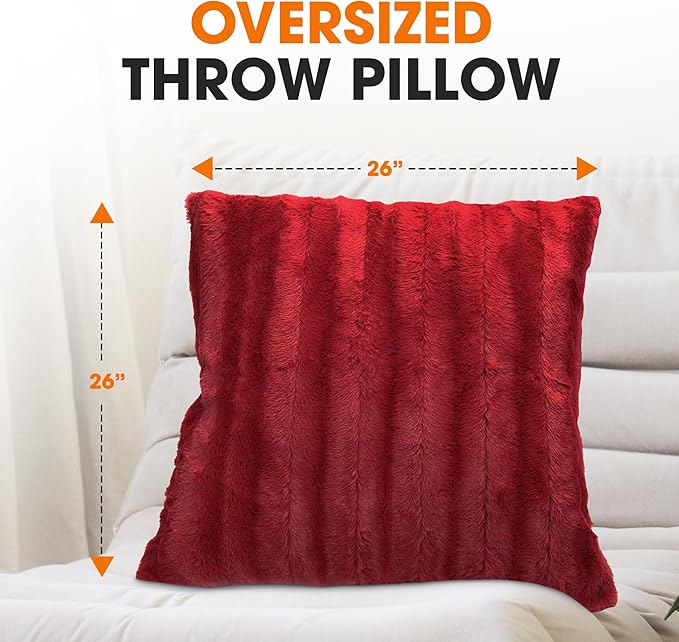 Cheer Collection Faux Fur Throw Pillows - Decorative Pillows for Couch, Bed Throw Pillows, Maroon Accent Pillows for Bedroom or Living Room Aesthetic, Set of 2 Furry Throw Pillows, 26" x 26"