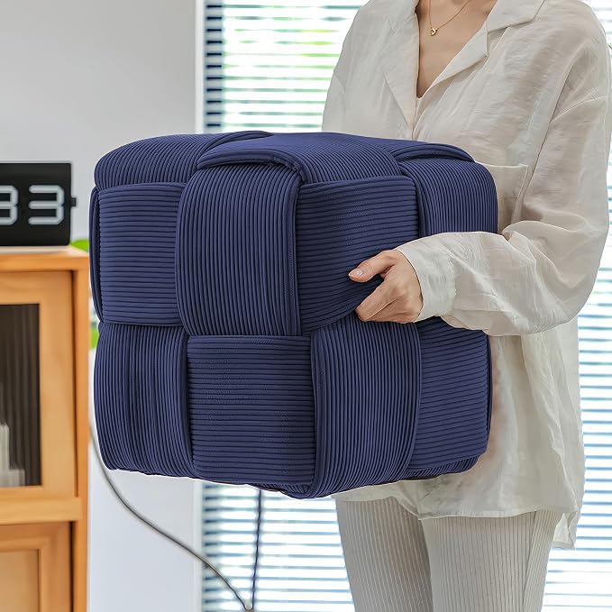 Cmishe 15" Square Woven Corduroy Ottoman Footrest - Modern Vanity Stool for Living Room & Entryway, Eco-Friendly Wood Frame, No Assembly (Blue)
