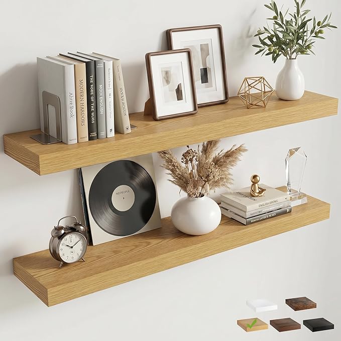 40 Inch Floating Shelves for Wall, 8"D Wood Storage Shelves, Oak Finish | Engineered Wood, Invisible Bracket, Large Storage, Easy Install, Hold Up to 66lbs, Living Room, Bathroom, Bedroom, Kitchen