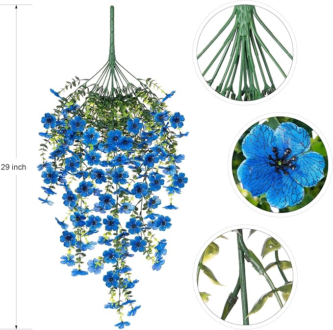 Ammyoo Artificial Hanging Flowers for Outdoors Faux Plants Spring Summer Decoration, 2 Pack Silk Colorful Daisy Realistic Fake Outdoor Flowers UV Resistant Porch Patio Window Yard Decor(Blue)