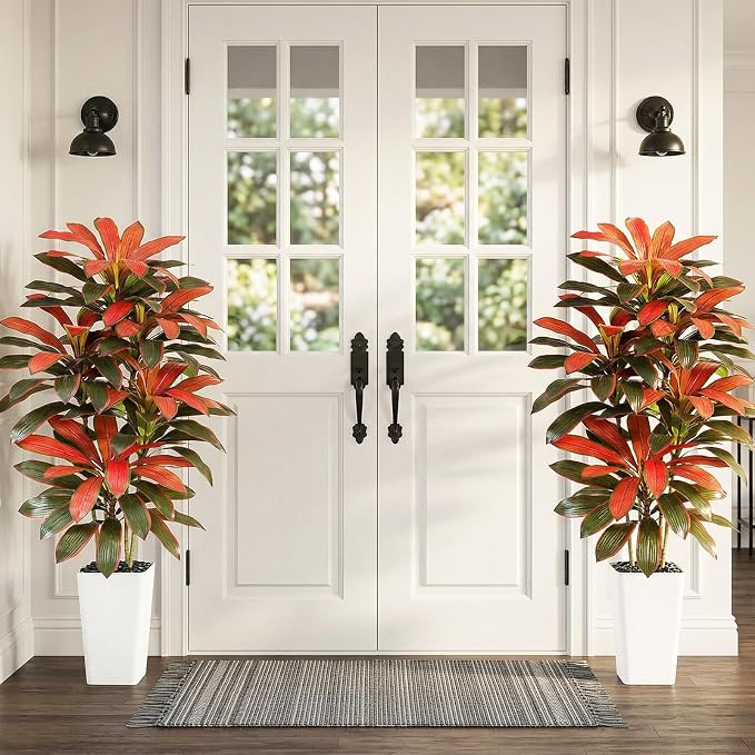 Artificial Red Dracaena Tree - 5FT Tall Fake Plants with White Tall Planter - Artificial Plants Indoor Floor Plant in Pot - Large Tropical Fake Yucca Potted Tree for Home Office Living Room Decor