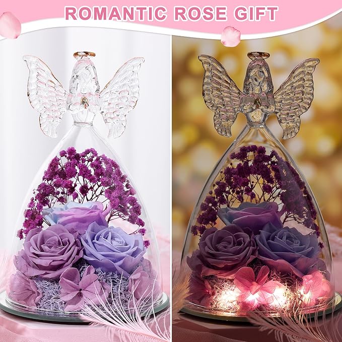Mothers Day Rose Gifts for Women Preserved Real Flower in Glass Angel Figurines Roses for Delivery Prime Birthday Gifts for Mom Grandma Girlfriend Wife Her, Multi Purple