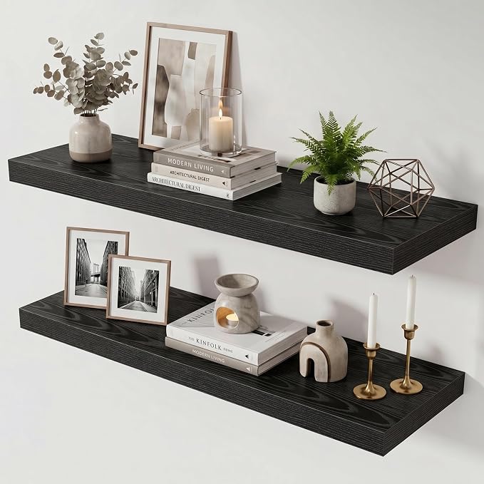 Acovy 36 Inch Floating Shelves for Wall Set of 2,12" Deep Floating Shelf Wall Mounted with Invisible Brackets,Rustic Bookshelf Wooden Storage Shelf for Living Room,Kitchen,Bathroom,Black