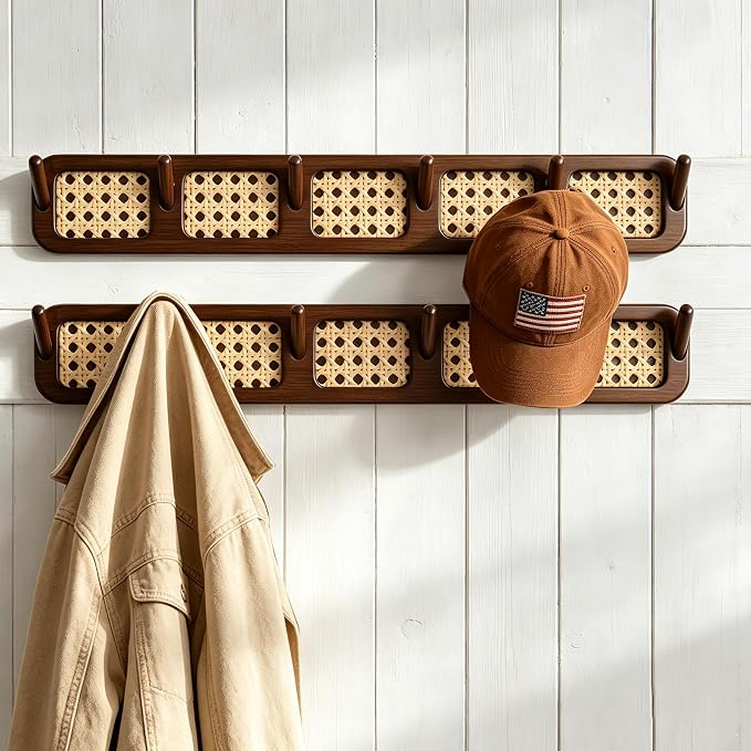 Coat Rack Wall Mount, Rattan Coat Hooks Hanger Wall Mounted | Wall Mount, For Hanging Clothes Hats Bags Jacket Towels Plants Rack Rail