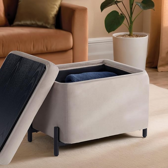 Studio Living® Connor 24" Small Storage Ottoman, Modern Boho, Matte Black Metal Legs, Velvet Fabric, Taupe