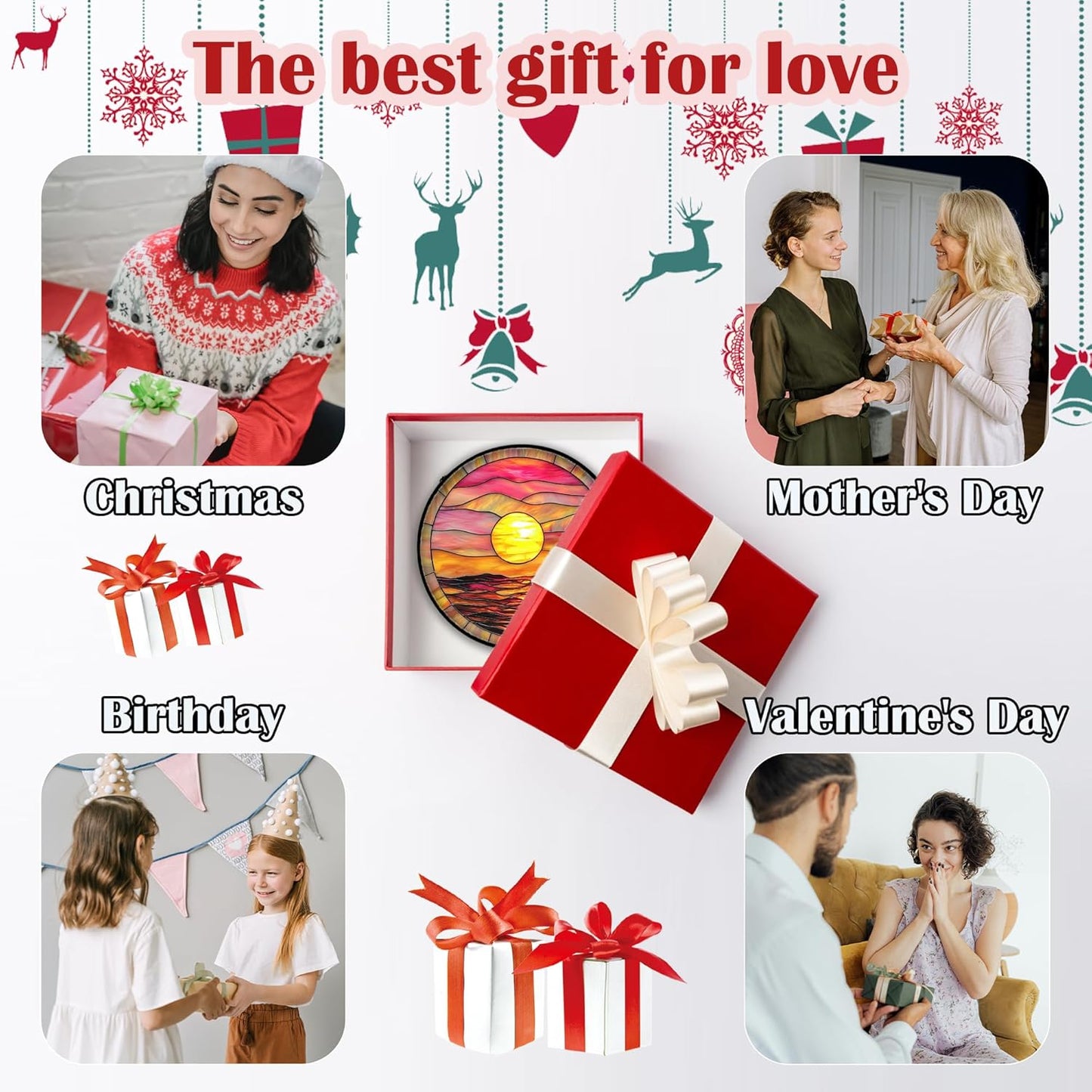 Stained Glass Window Hanging, Sunrise Sea Surface Sun Catchers Diamond Glass Panel Hangings Abstract Suncatcher Decor for Birthday for Women, Men, Wife, Aunt, and Mom 14.9 in