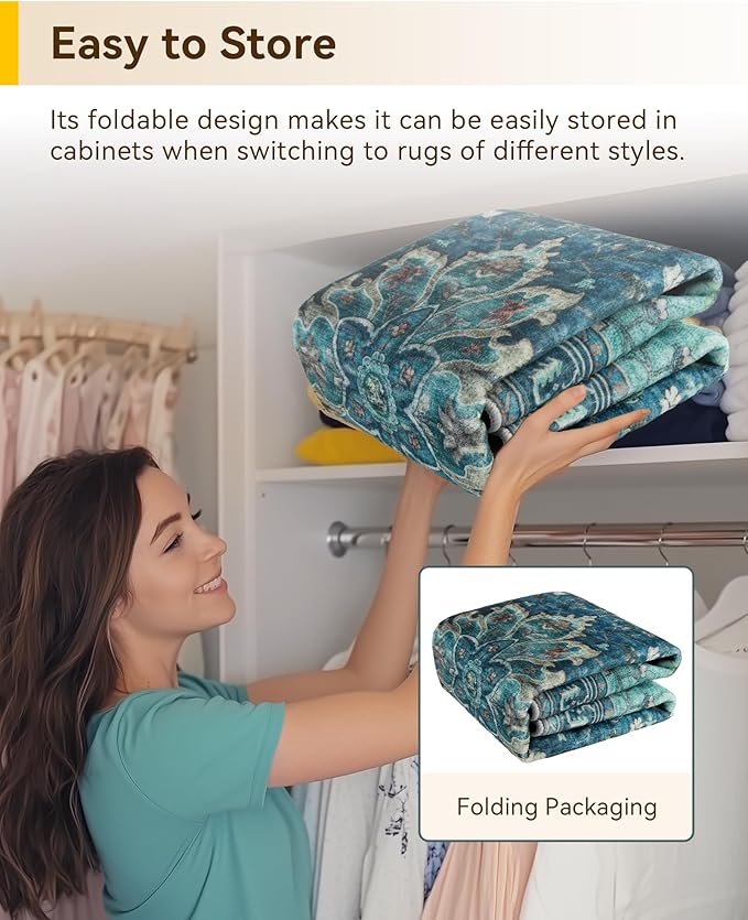 RELEANY Area Rugs 4ft Washable Non-Slip, Floral Vintage Distress Print Pattern Medallion Carpet for Living Room Bedroom Dining Room, Teal Green Lake Blue Turquoise