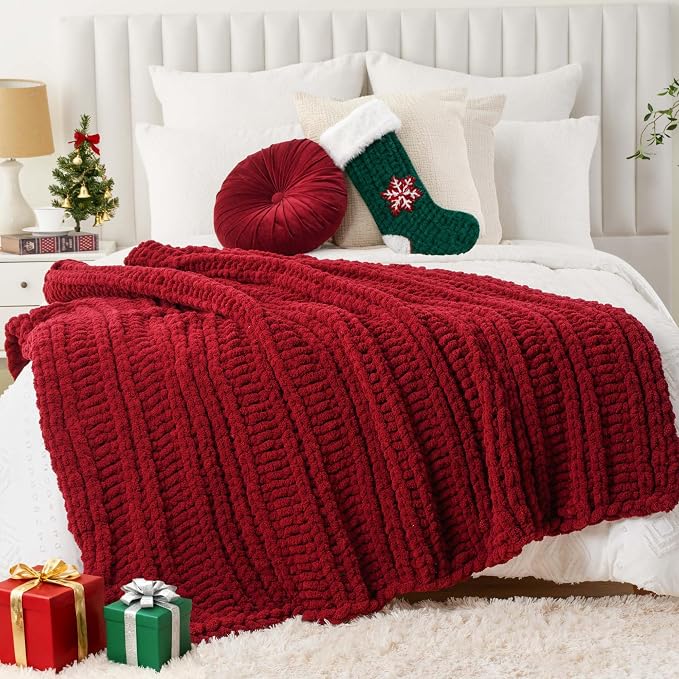 Battilo Chunky Knit Throw Blanket for Couch, Christmas, 50"x60", Dark Red | Hand Knit, Gift Blanket, Cozy Warm Thick Soft Chenille Throw Blanket for Bed, Sofa, Chair, Living Room