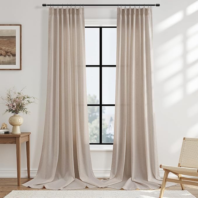Sand Beige Pinch Pleated Linen Curtains 84 Inches Long 2 Panels Set for Living Room Bedroom Modern Farmhouse Boho Semi Sheer Light Filtering Back Tab Draps with Hooks Rings 84 Inch Length for Nursery