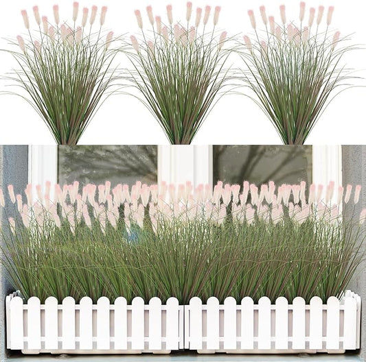 Artificial Grasses Plants Oudoor 24 Bunches Onion Grass Greenery with Plush Faux Fake Shrubs Plant Onion Wheat Grass for Outside Garden Indoor House Home Office Décor (Light Purple & Pink Plush）