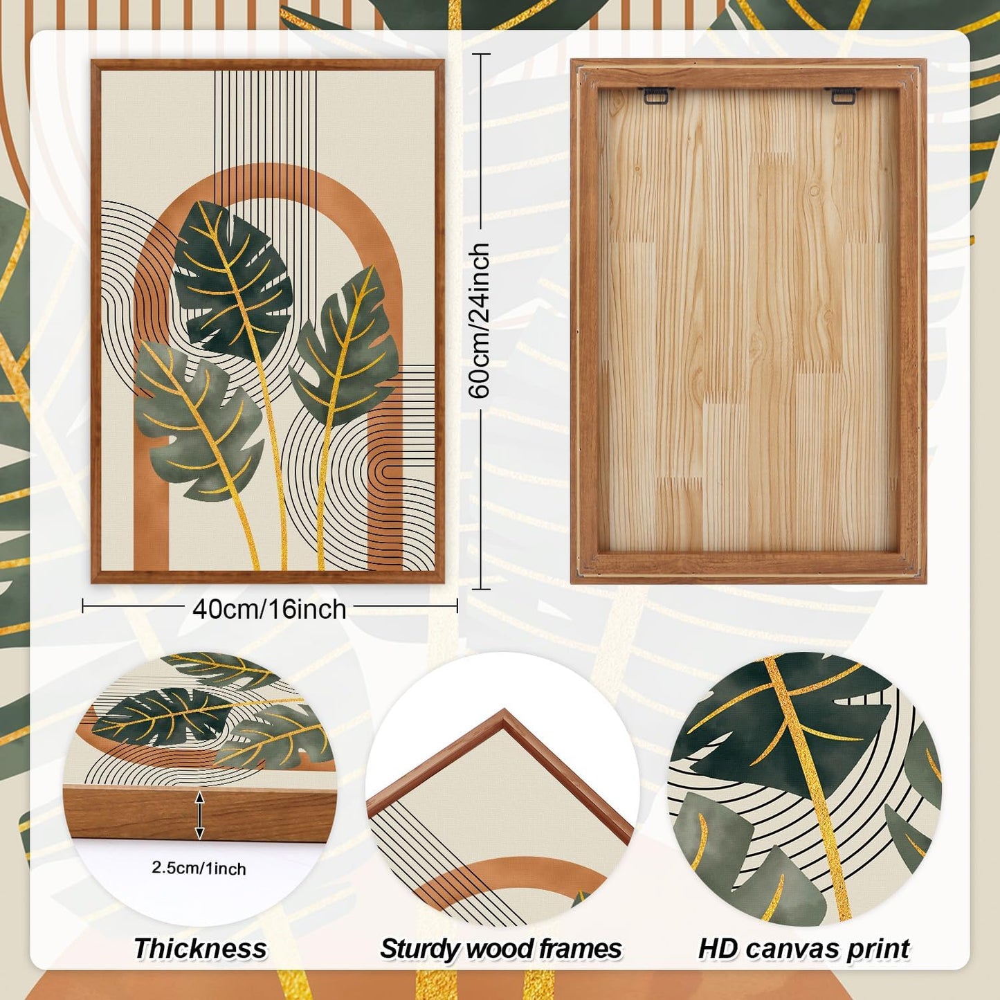 KAIRNE Boho Canvas Wall Art,Tropical Palm Leaf Wall Decor,Mid-Century Geometric Illustrations Set of 3(16”X24”),Abstract Line Pictures,Modern Botanical Prints for Living Room Bedroom Dining Room Decor