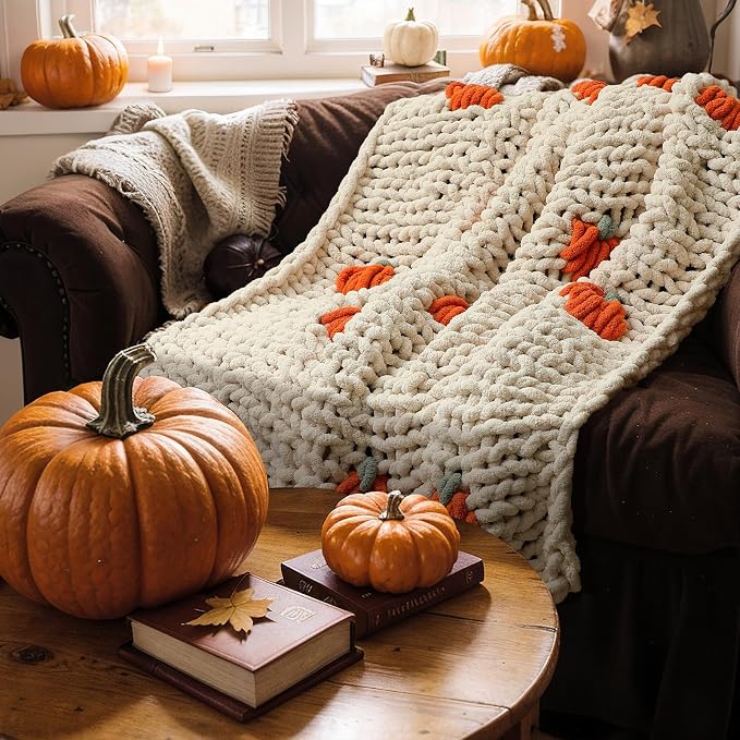 Mindsoft Chunky Knit Throw Blanket Large 50" X 60" 100% Handmade Cream Chenille Loop Yarn Fluffy Soft Knitted Throw Big Cozy Thick Cable Knit Crochet Blanket for Couch Sofa Bed (Orange,Pumpkin)