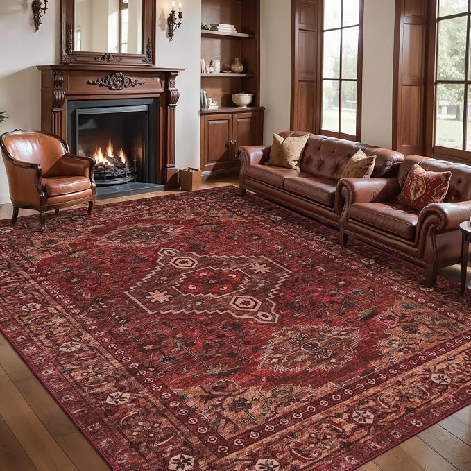 Tangsoo Red Oriental 5x7 Area Rug Washable Rugs for Living Room, Vintage Indoor Non Slip Large Area Rugs, Boho Print Carpet, Soft Low Pile Foldable Floor Rug for Bedroom Dining Room Dorm Dark Red