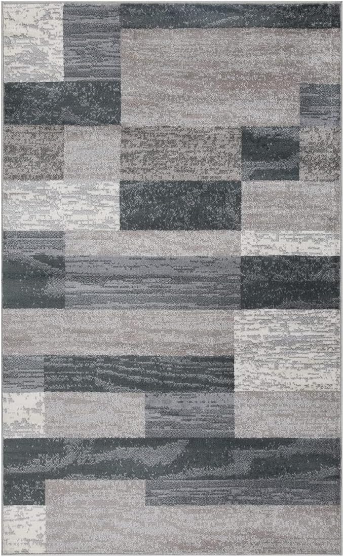 Superior Indoor Area Rug, Jute Backed, Modern Geometric Patchwork Floor Decor for Bedroom, Office, Living Room, Entryway, Hardwood Floors, Rockwood Collection, 3' x 5', Blue-Taupe