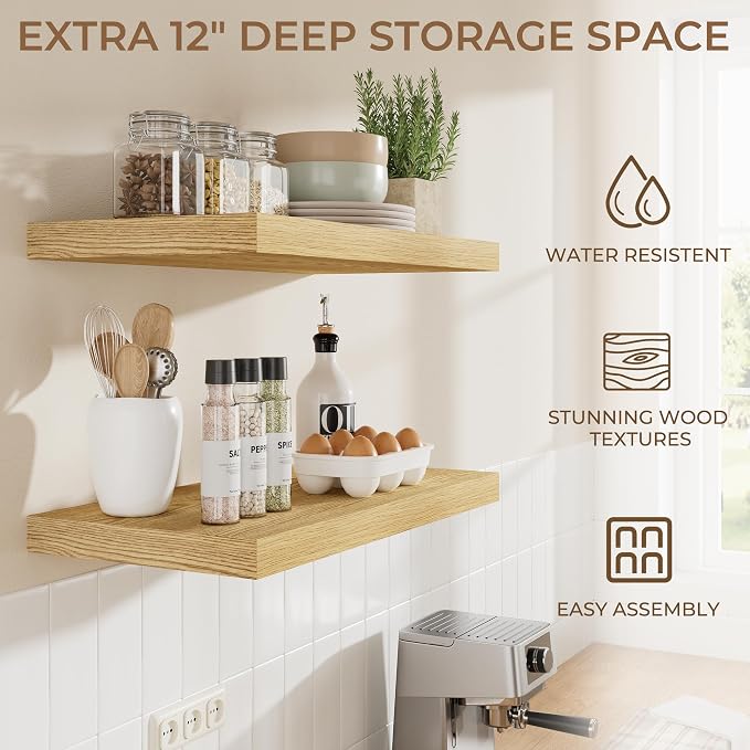 RICHFOCUS 48 Inch 12" D Floating Shelves for Wall 2 Pack Long Wall Shelves for Room Wall|Large Wood Hanging Shelf with Invisible Brackets for Bathroom Bedroom Kitchen Laundry Room, Oak